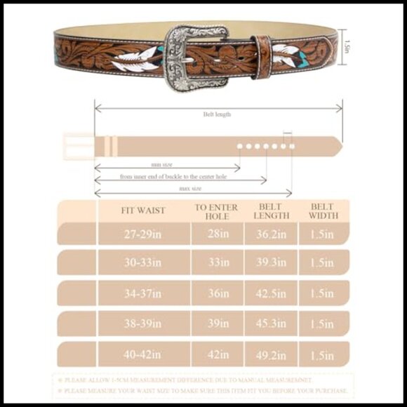 Western Belt with Feather Detail Antique Buckle Unisex Cowgirl Cowboy Rodeo main image 7